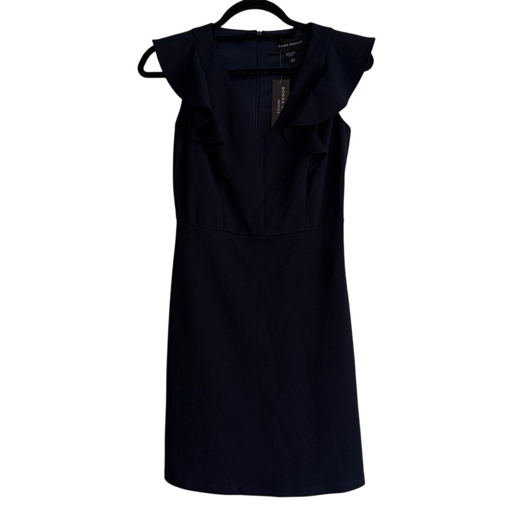 Donna Morgan Navy Blue Ruffle V-Neck Scuba Crepe Sheath Dress Petite 2